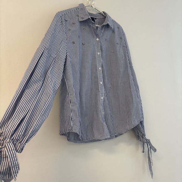 Nanette Lepore Womens Blouse Sz Lg Blue Striped Button Up Long Sleeve Ballon Bow - Picture 2 of 8